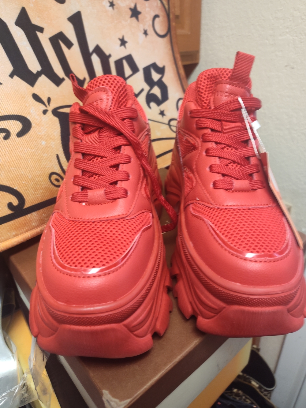 Red Platform Glitter Women's Sneakers - Picture 2 of 8